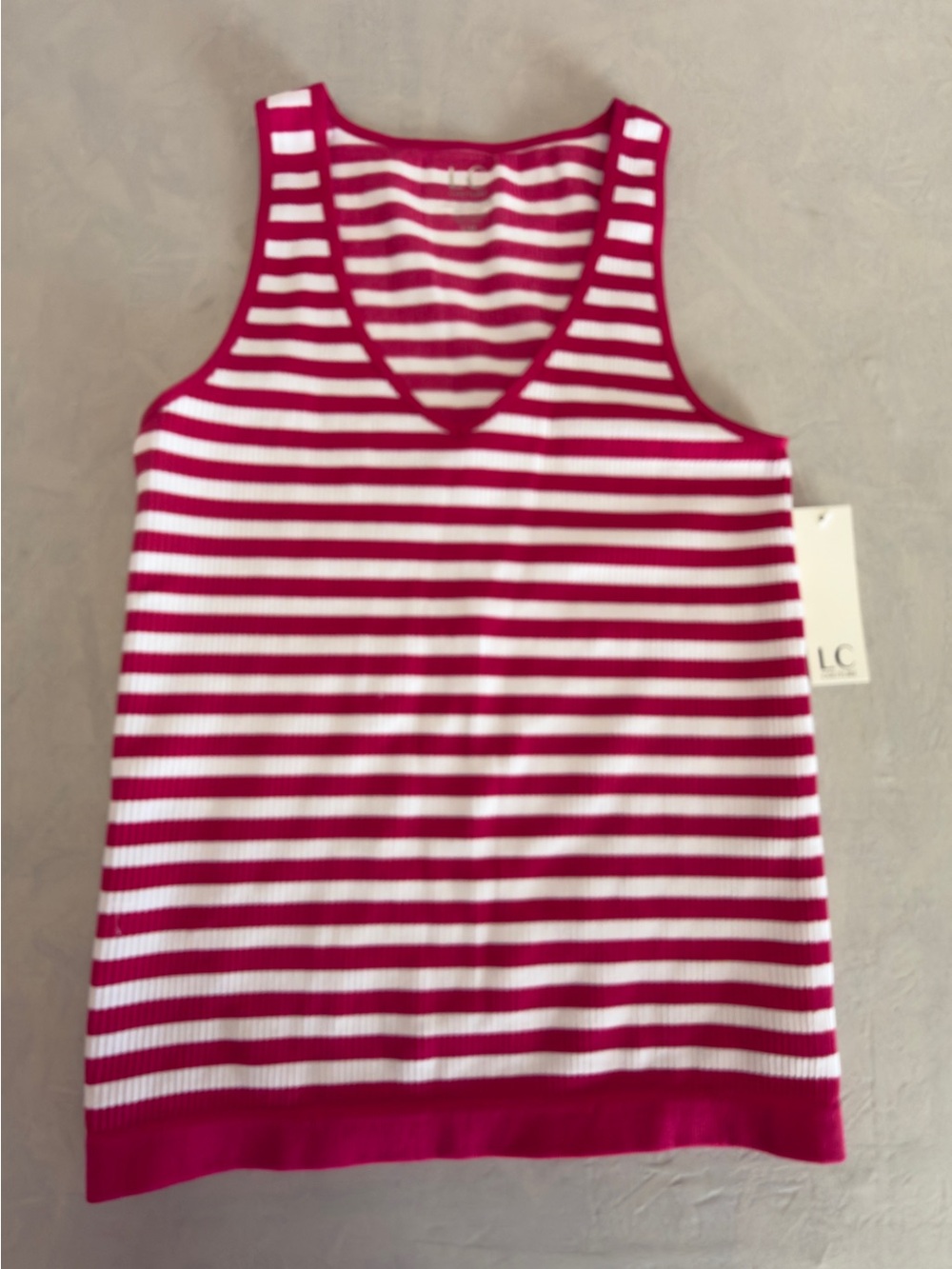 NWT LC Couture Pink & White Striped Ribbed V-Neck Tank Top Size S/M